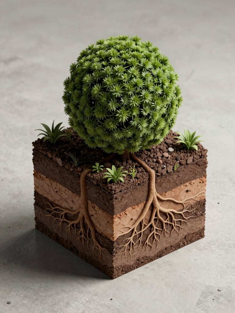 Close overhead axonometric view of a street-level planting zone cross-section, root systems and soil layers visible as a technical diagram rendered in physical model form, studio lighting, pale concrete surface, living green of compressed root ball, high-contrast shadows emphasizing geometric precision