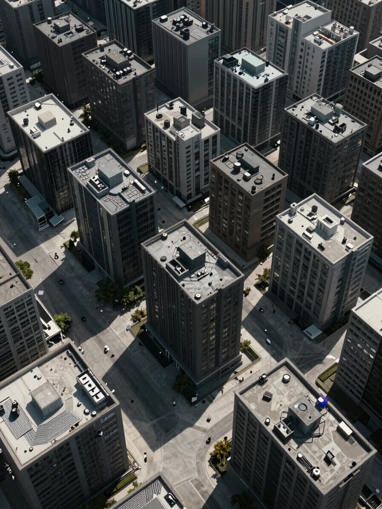 Wide overhead axonometric view of a dense urban canopy grid, geometric crown silhouettes casting precise shadow patterns on a concrete plaza below, overcast diffuse daylight, no people visible