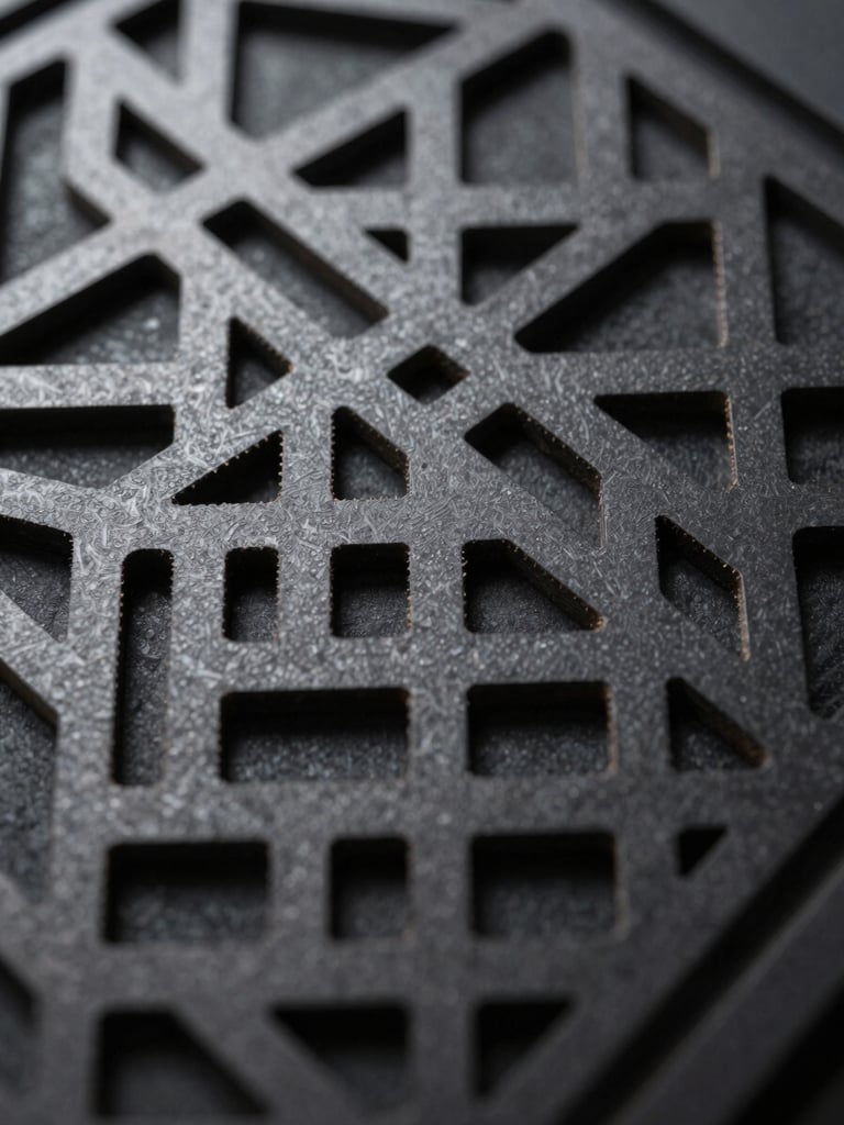 Macro close-up of laser-cut carbon steel sheet with intricate geometric pattern, burr-free cut edges catching hard studio light, matte dark surface texture visible in the negative spaces, overhead flat-lay framing, no people