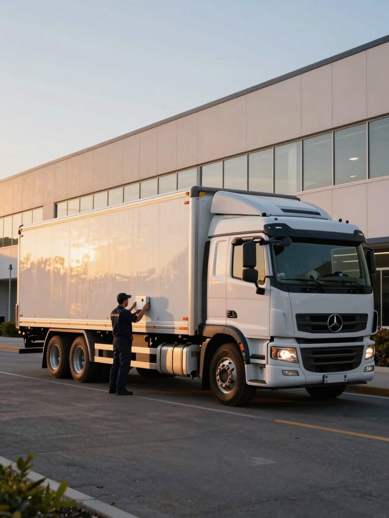Wide side-angle shot of fully loaded transport truck parked outside modern office building at dusk, crew members visible securing final items, professional and organized, golden hour light catching the truck's loaded interior.