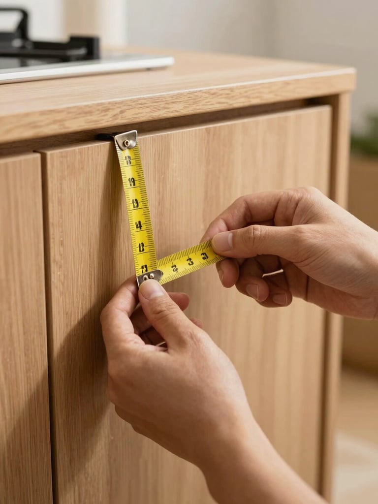 Close-up of hands holding measuring tape against a wooden cabinet in bright daylight, showing documentation of household items during a pre-move survey