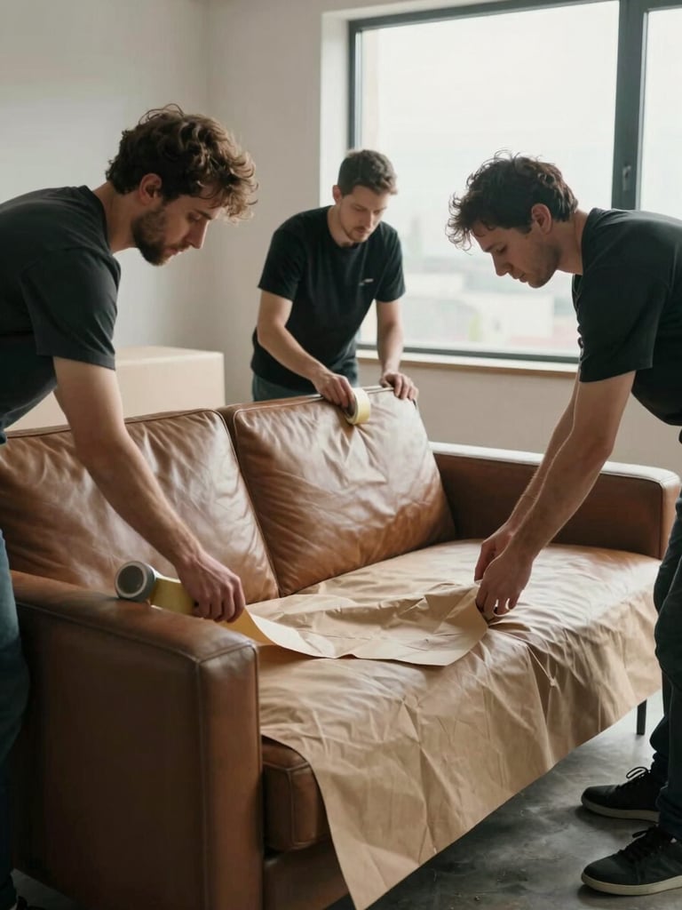 Wide shot of crew wrapping a leather sofa with kraft paper and tape under natural window light, showing systematic packing technique