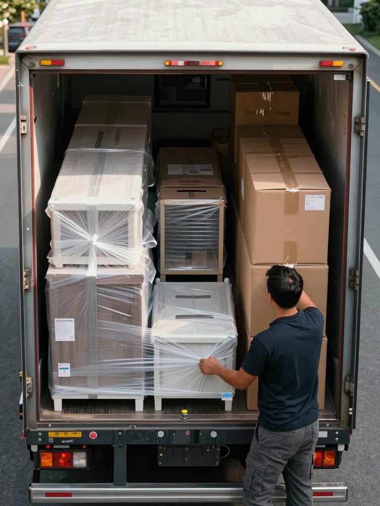 Overhead view of a truck bed being loaded with wrapped furniture and stacked boxes, crew member guiding placement, daylight
