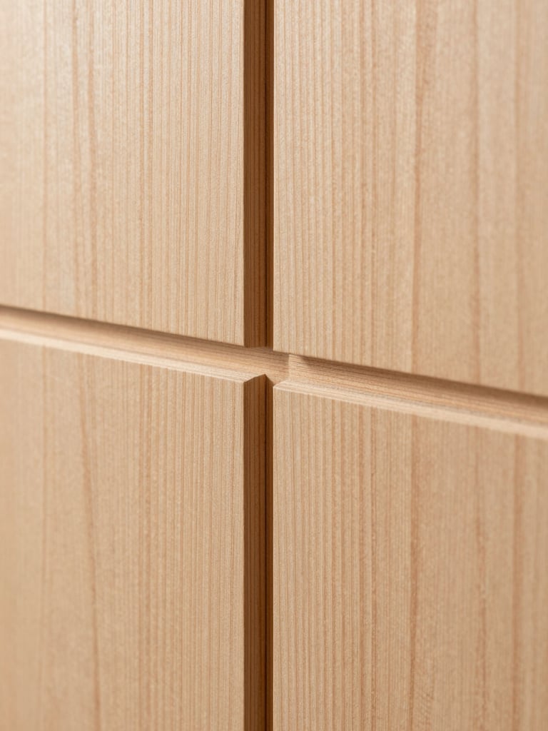 Extreme close-up of grain-matched vertical grain Douglas fir panels, showcasing raw wood texture and precise architectural joinery, soft natural side-lighting.