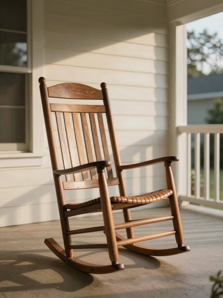Soft morning light streaming across an empty wooden rocking chair on a spacious front porch, warm tones, quiet atmosphere.