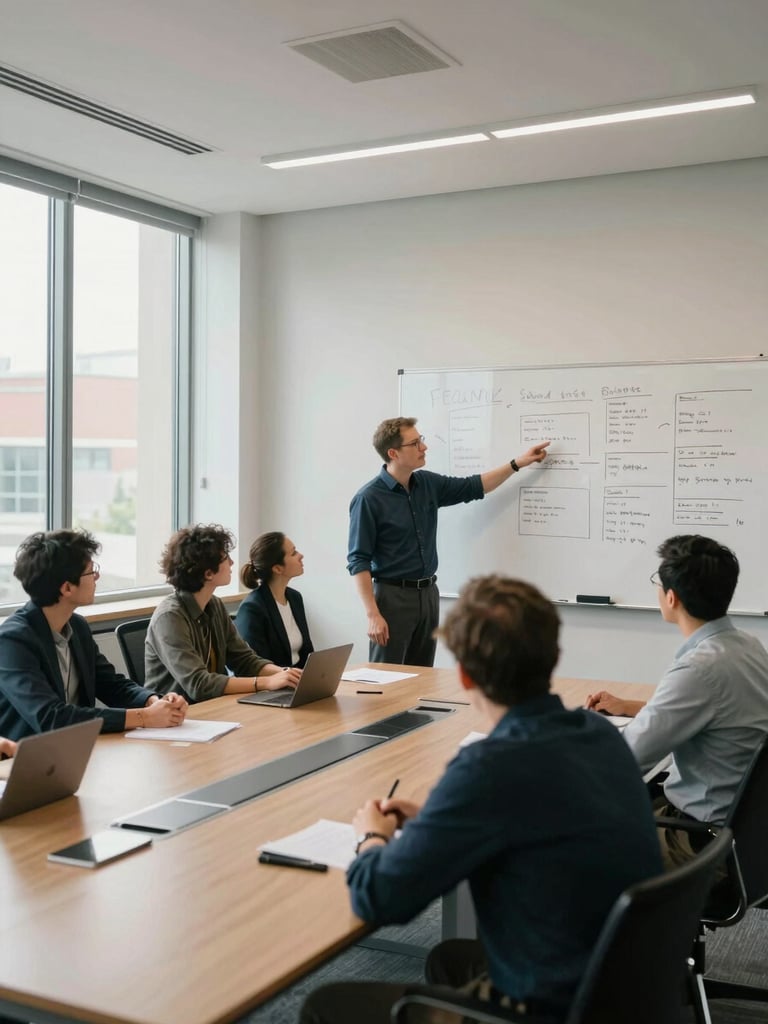 Wide-angle view of a mid-size office conference room, team members gathered around a whiteboard