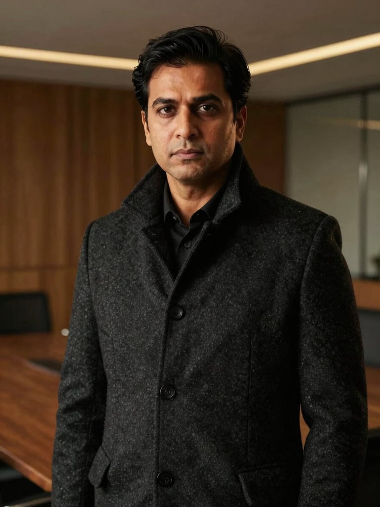 Editorial portrait of Surya Kant in a dark, structured wool coat, low-key chiaroscuro lighting, warm golden undertones, modern architectural boardroom background softly out of focus.