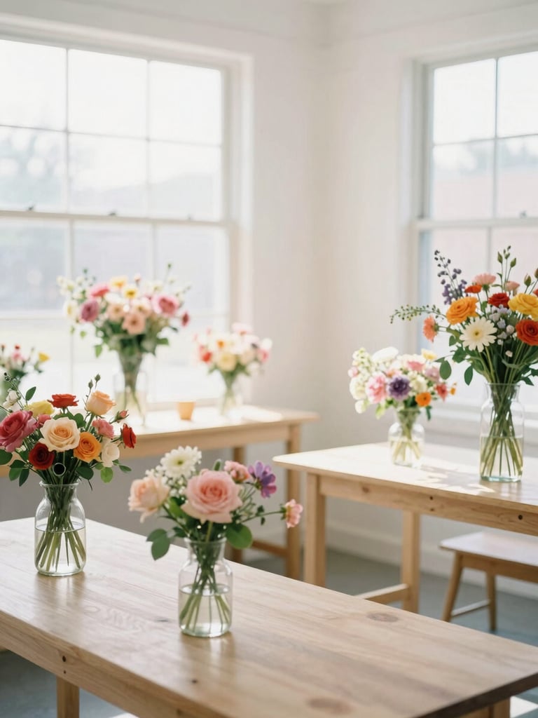 Bright editorial photo of the sunlit Mindy Flower studio interior in Midvale, with wooden workbenches, glass vases, and colorful floral arrangements, soft daylight.
