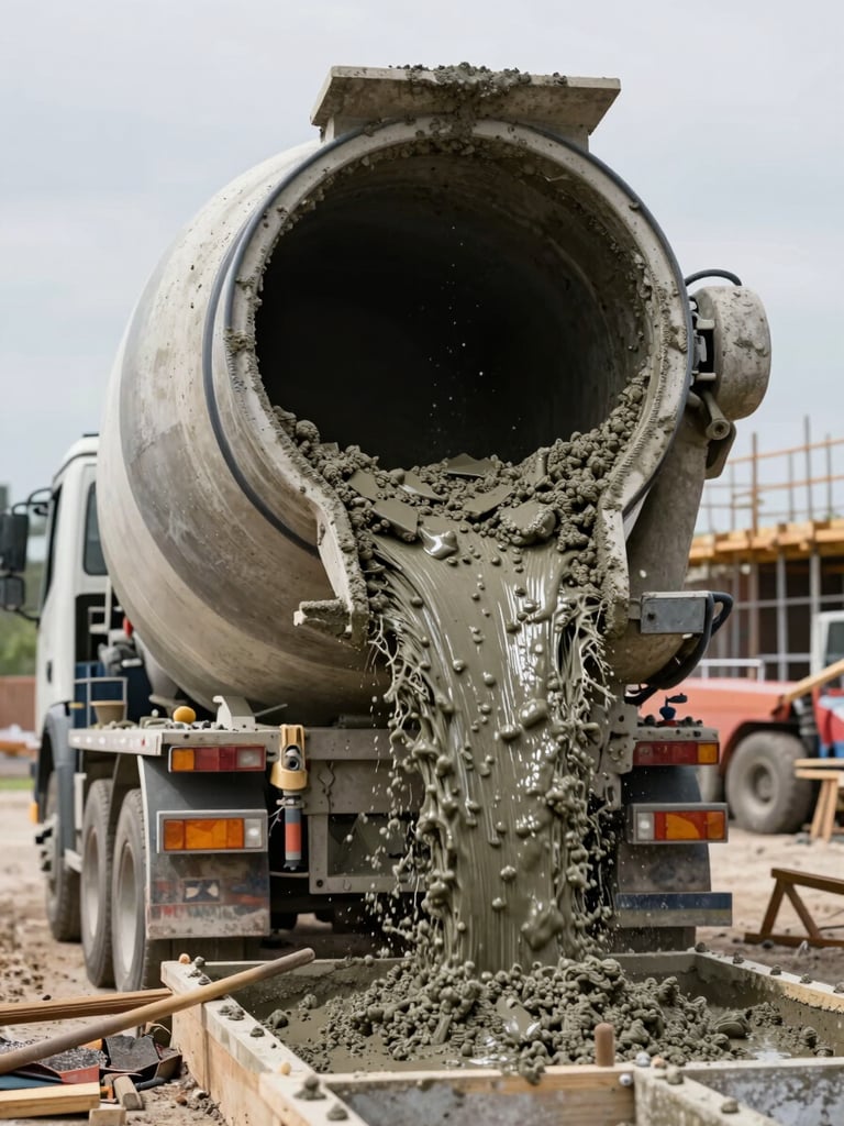 Ground-level close-up of a concrete mixer truck drum rotating at a construction site, concrete flowing from the chute into formwork, natural overcast daylight, wet concrete texture visible mid-pour, no workers posed