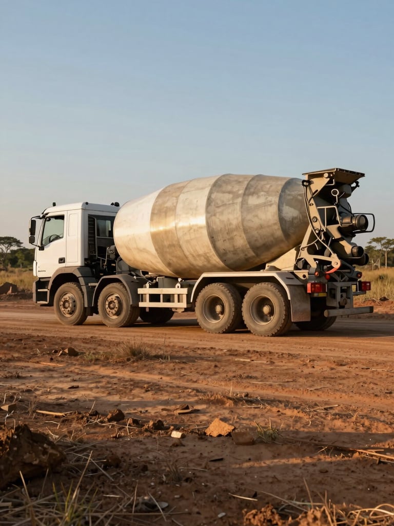 Wide environmental shot from ground level, a concrete mixer truck parked on a job site in the Ceará sertão, late-afternoon natural daylight casting warm tones across the drum and chassis, dry scrubland visible in the background, no people posing