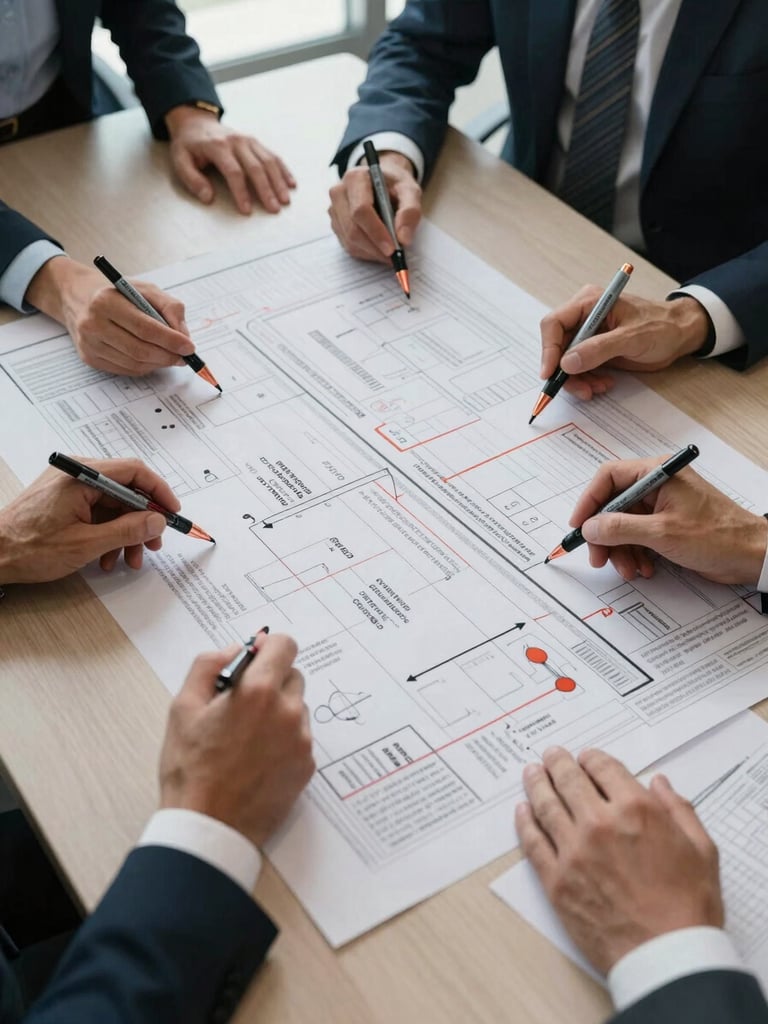 Wide overhead flat-lay of a large strategy canvas spread across a boardroom table, executives' hands annotating a governance matrix with copper-tipped markers, soft north-facing daylight, printed roadmap documents visible at edges