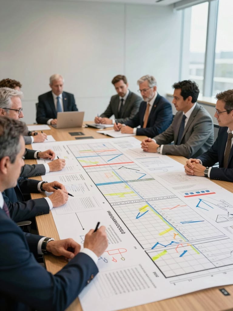 Wide environmental shot of a boardroom table from the side, executives reviewing a large printed strategy canvas with annotated governance matrices under soft diffused north-facing daylight, strategy documents and colored marker annotations visible in detail, generous negative space on the right