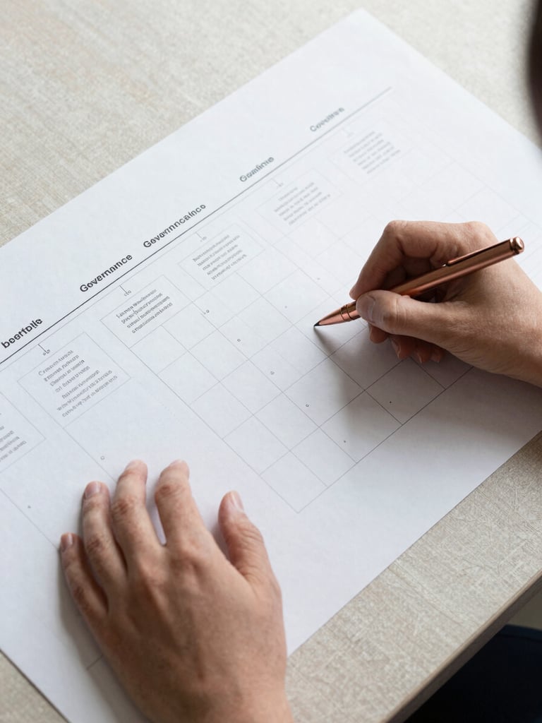 Overhead flat-lay of a large printed strategy roadmap canvas on a pale linen surface, hands annotating a governance matrix with a copper-tipped pen, soft diffused daylight from above, sparse and precise composition with visible grid lines and framework stages