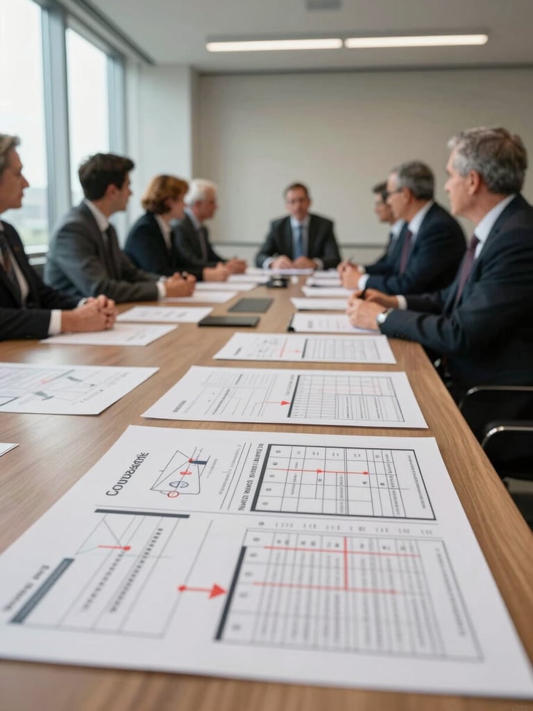 Wide meeting room viewed from the side, executives gathered around a large table covered in printed strategy canvases and annotated governance matrices, soft north-facing daylight from tall windows to the left, shallow depth of field on the documents in the foreground