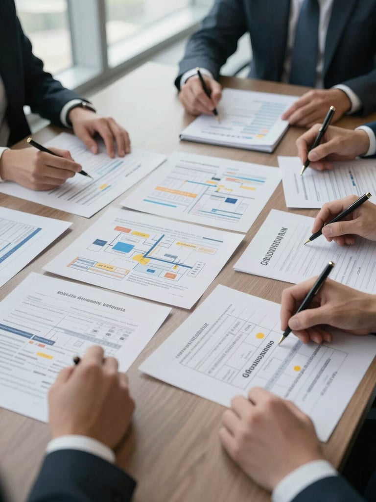 Wide environmental shot of a corporate boardroom table, overhead angle showing strategy documents and annotated governance matrices spread across the surface, soft diffused north-facing daylight from tall windows on the left, several hands visible mid-gesture over printed roadmap canvases, no faces visible