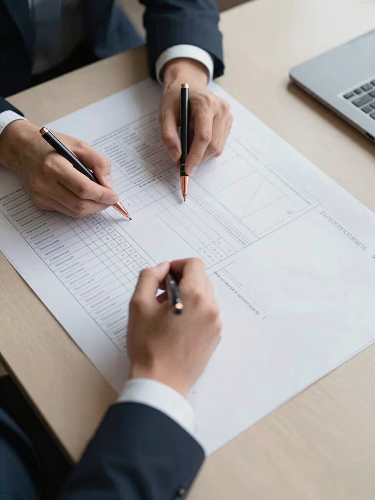 Overhead flat-lay of a large printed strategy canvas on a light beige table, executive hands marking governance accountability columns with a copper-tipped pen, soft north-facing office daylight, annotations visible in the upper left, generous negative space to the right