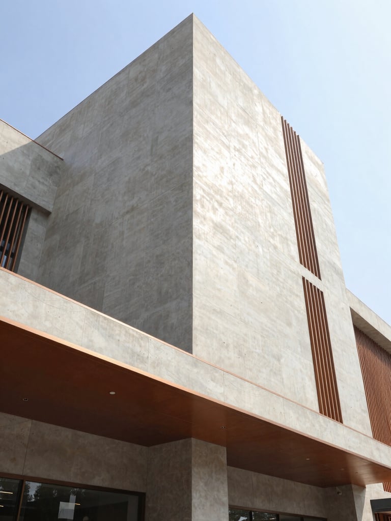 Low-angle architectural photography of a massive concrete structure under bright daylight, showing the clean geometric lines of a modern retail plaza facade in Gurugram, warm bronze accents, sharp focus.
