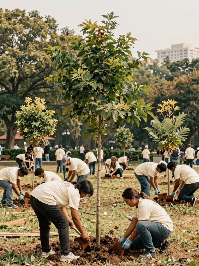 A wide environmental shot of community volunteers planting native trees in an urban park, warm diffused daylight, authentic documentary style.