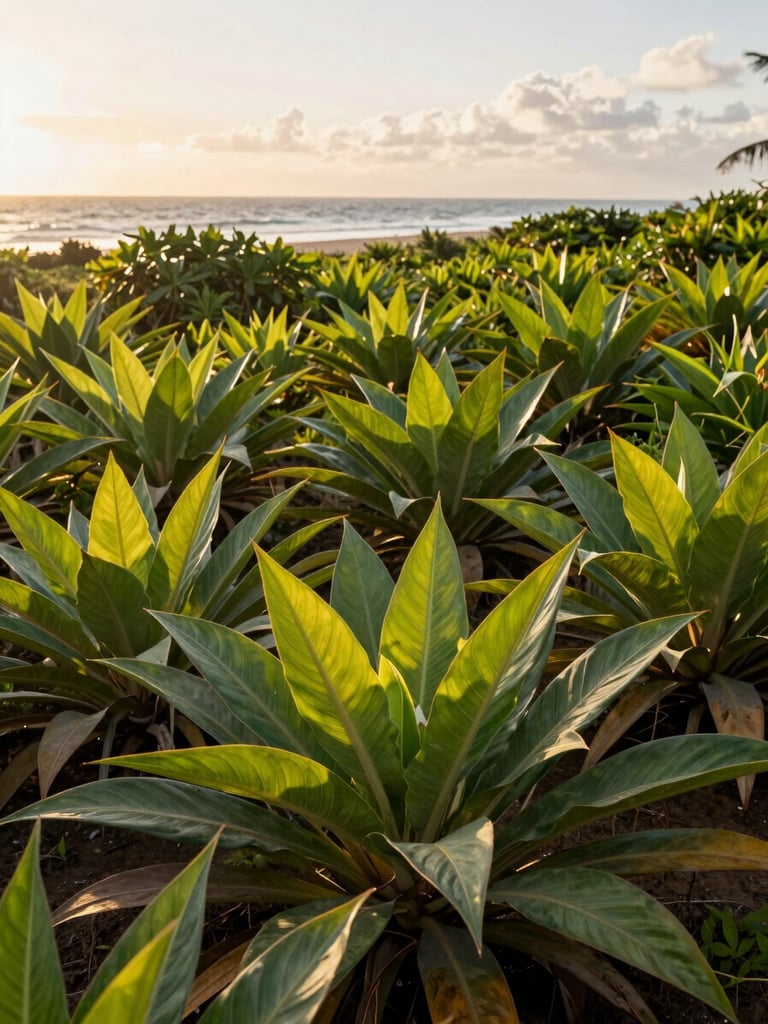 Wide environmental shot of a mature coastal garden in Pernambuco, salt-tolerant plants with broad green leaves, diffused golden afternoon light, dark earth visible at the base, ocean atmosphere implied in the hazy background