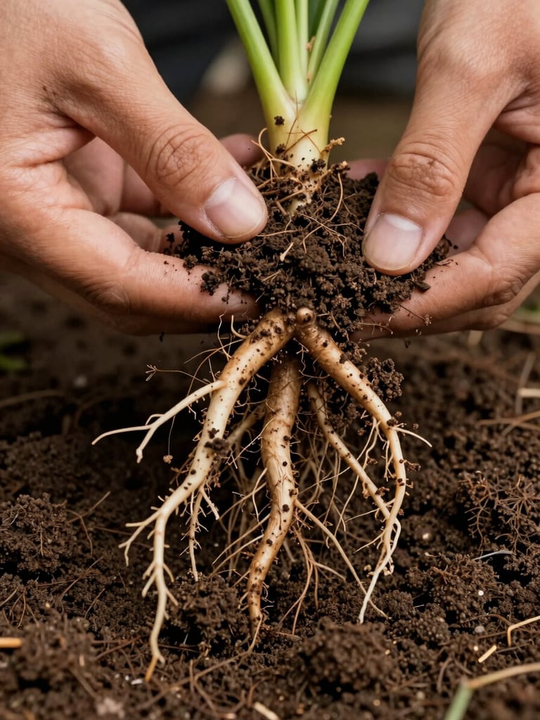 Extreme close-up of plant roots and dark coastal soil, hands in frame pulling back earth to inspect root health, diffused natural daylight from above, rich brown and green tones, no people's faces