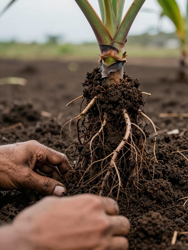 Extreme close-up of hands working dark coastal soil around the base of a plant root system, morning diffused light, visible soil texture and fine root threads, Pernambuco coastal garden setting