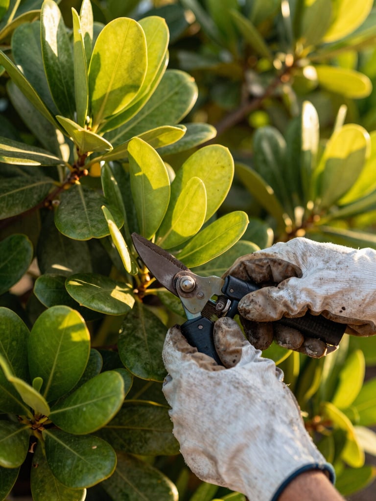 Close-up of hands carefully pruning a tropical coastal shrub under warm Pernambuco afternoon light, lush green foliage filling the frame, diffused golden glow filtering through leaves, soil-stained gloves visible at the stem base