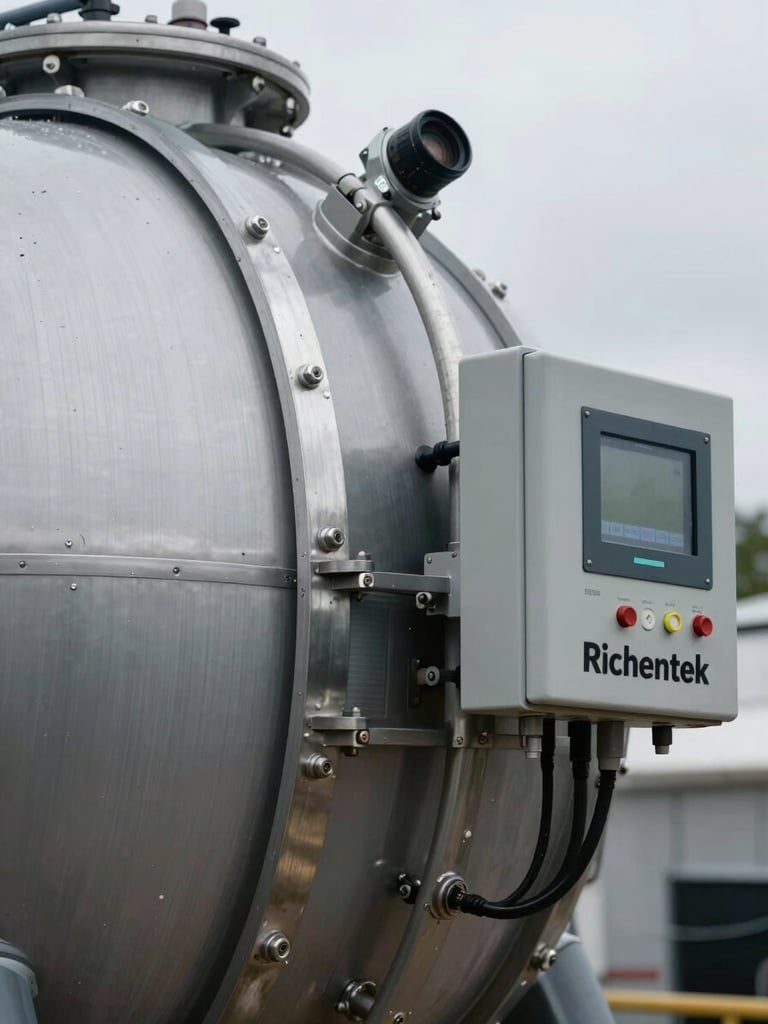 Close-up of a Richentek compost tank's heavy-duty steel seals and digital control panel, showing precise engineering details under overcast daylight.
