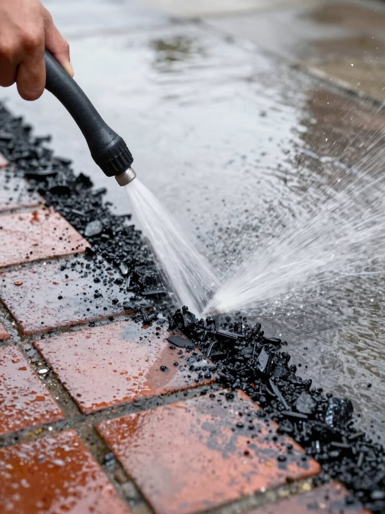 Tight close-up of a high-pressure water nozzle slicing a clean path through thick black grime on red brick, wet stone reflecting bright overcast daylight, 35mm