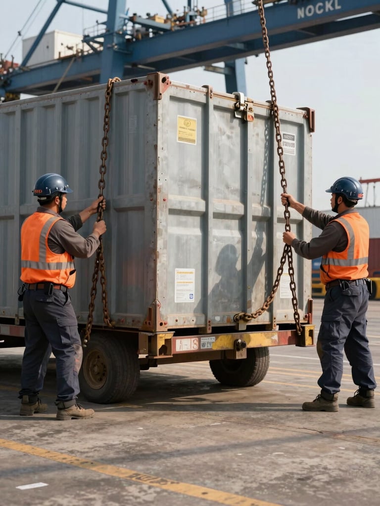 Close ground-level view of stevedores securing heavy breakbulk cargo in a port terminal, hands gripping rigging chains against a steel deck, warehouse structure visible in the background under natural daylight