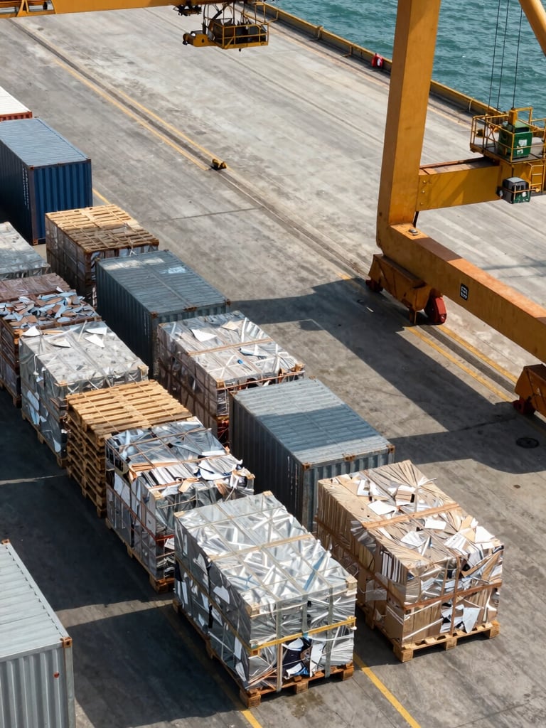 Close environmental shot inside a busy port terminal, overhead view of stacked breakbulk cargo pallets and steel containers being organized on a concrete apron, a yellow port crane arm visible at the upper right, natural daylight casting hard shadows across the deck layout