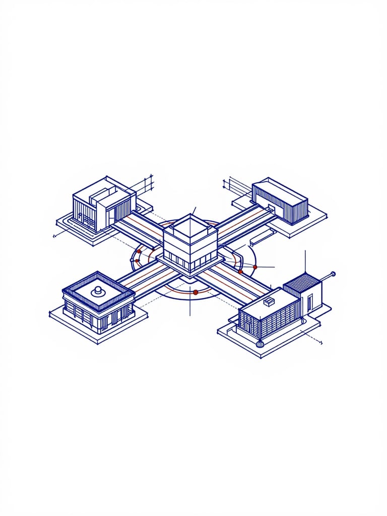 Minimalist vector illustration of interconnected technical nodes and clean architectural lines of the IITM Research Park, blueprint style, deep blue and maroon accents