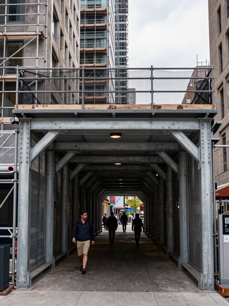 Panoramic eye-level view of a reinforced pedestrian tunnel installed beneath a high-rise facade under active renovation in downtown Montreal, overcast daylight, scaffolding and safety netting above, pedestrians walking through the corridor, load-bearing connection points visible on the steel uprights
