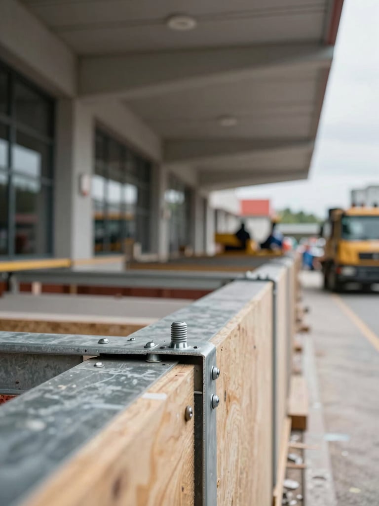 Eye-level pedestrian perspective looking along a protective facade corridor outside a commercial building under renovation, overcast daylight, overhead roof panels and side barriers in steel and treated lumber, close-up of a bolted connection joint in the foreground sharp against the blurred construction activity behind