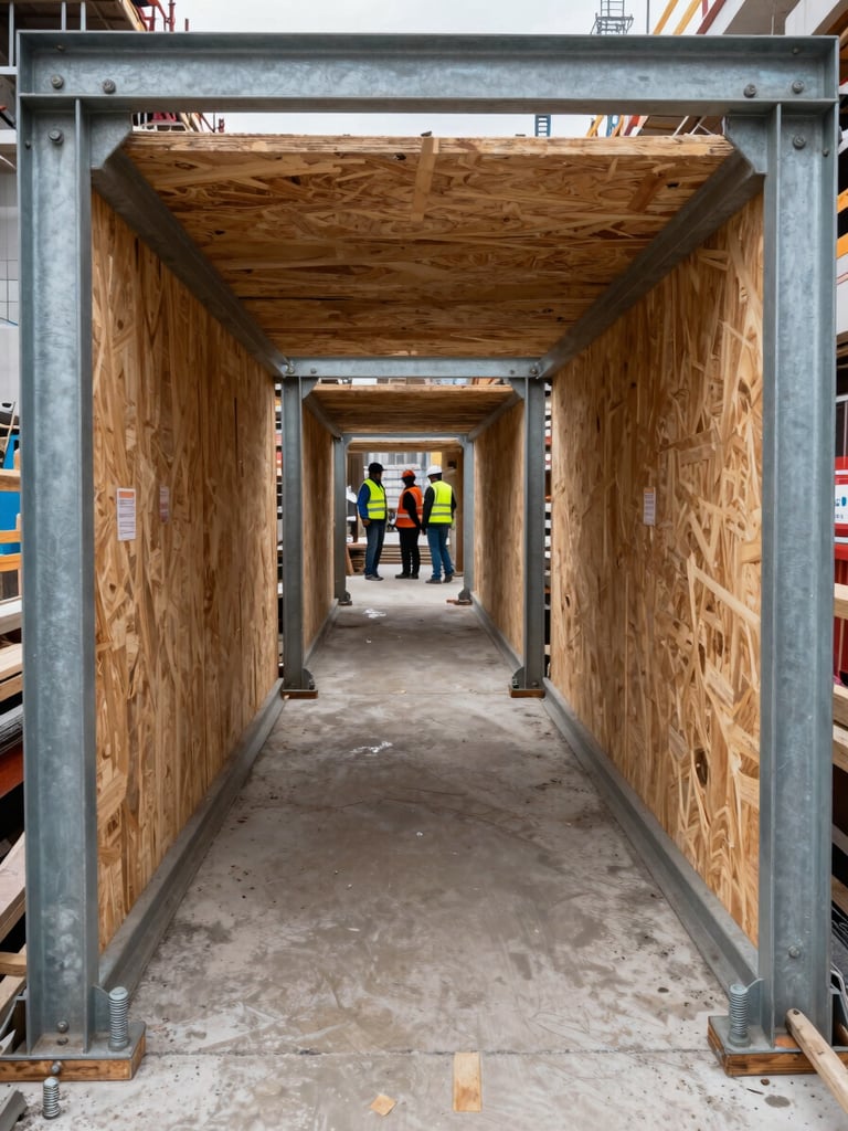 Wide eye-level shot looking through a reinforced pedestrian tunnel on an active urban construction site, overcast daylight filtering through the steel-and-plywood corridor, workers in high-visibility vests visible at the far end, wet concrete ground underfoot, structural bolts and load-bearing joints sharp in the foreground