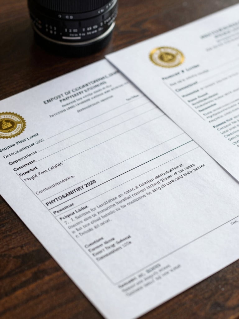 A close-up shot of official export documentation and phytosanitary certificates resting on a dark wooden desk, with gold stamps and crisp typography visible.