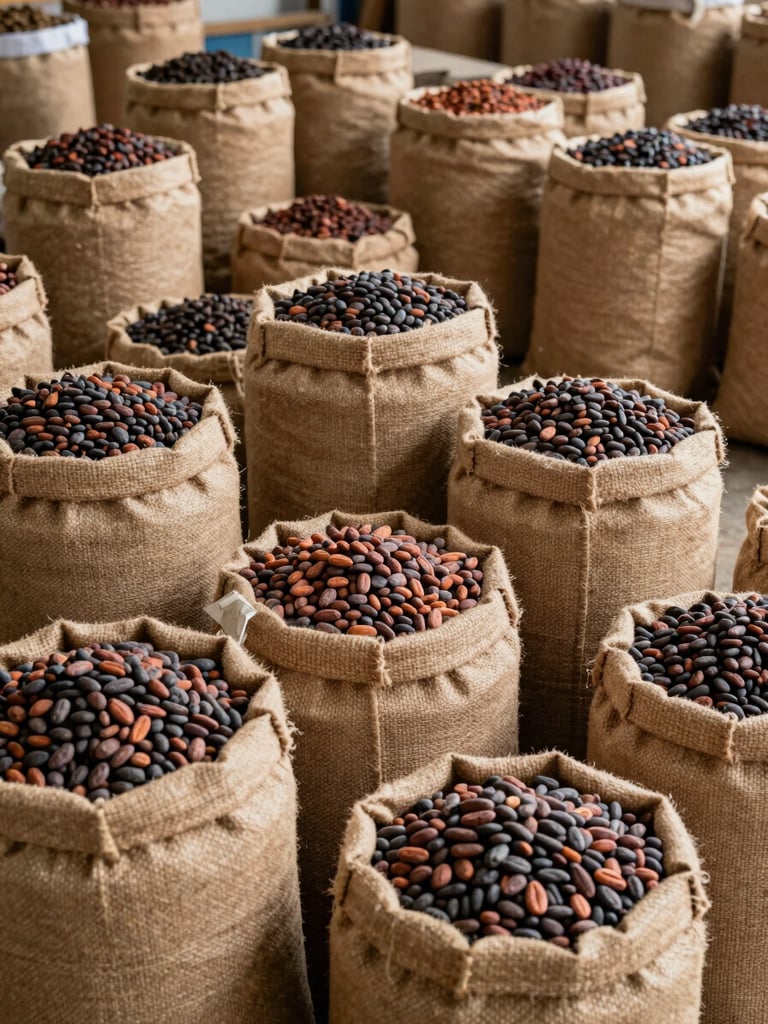 A high-contrast, wide-angle shot of structured jute bags filled with raw cocoa beans stacked neatly inside a clean, professional Nigerian export warehouse.