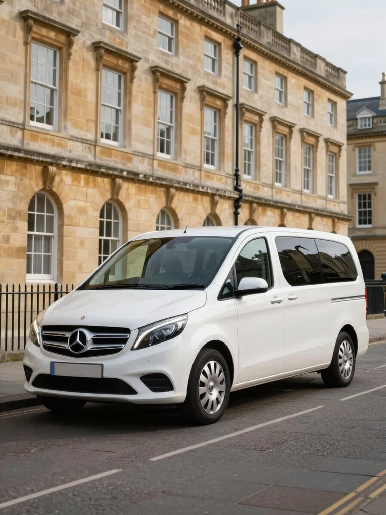 A clean, branded professional vehicle parked neatly on a quiet, historic stone street in Bath, with soft natural daylight highlighting the elegant architecture in the background.