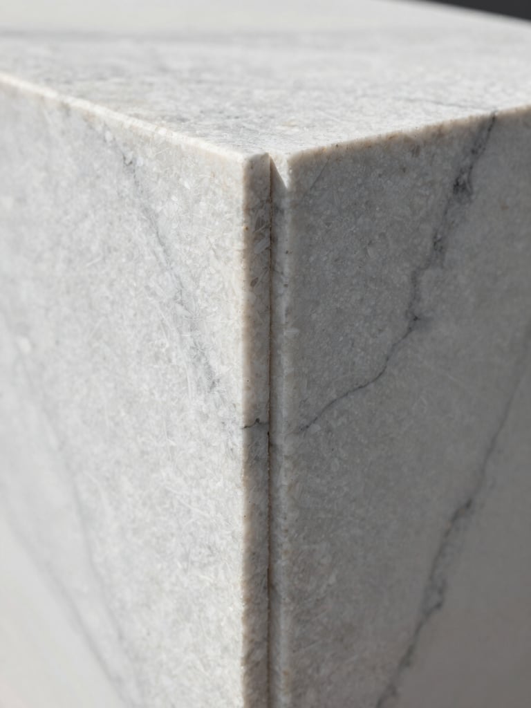 Extreme close-up of a polished marble slab edge detail at a completed installation site, sharp shadow line separating two bookmatched panels, cool north-facing daylight revealing the crystalline grain structure of white Carrara stone, camera perpendicular to the joint