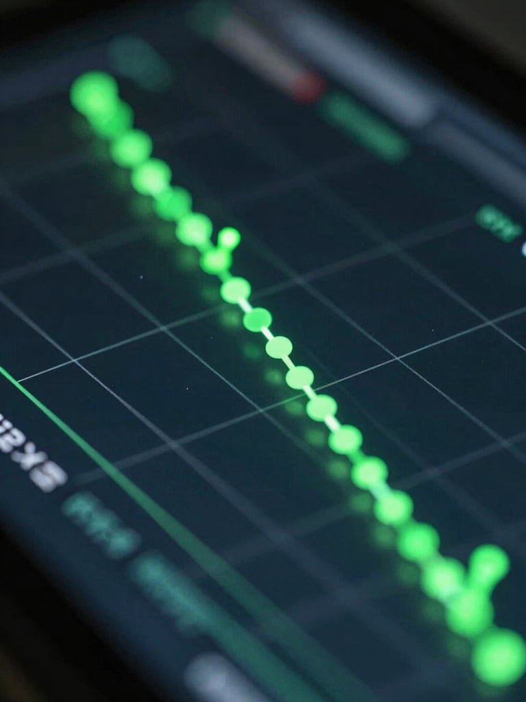 Macro visualization of a real-time programmatic bidding graph, electric green nodes flashing on a dark glass interface