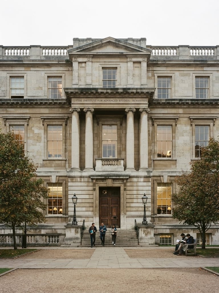 Dignified limestone facade of a classical research institute, soft natural window light, muted academic tones, 35mm lens