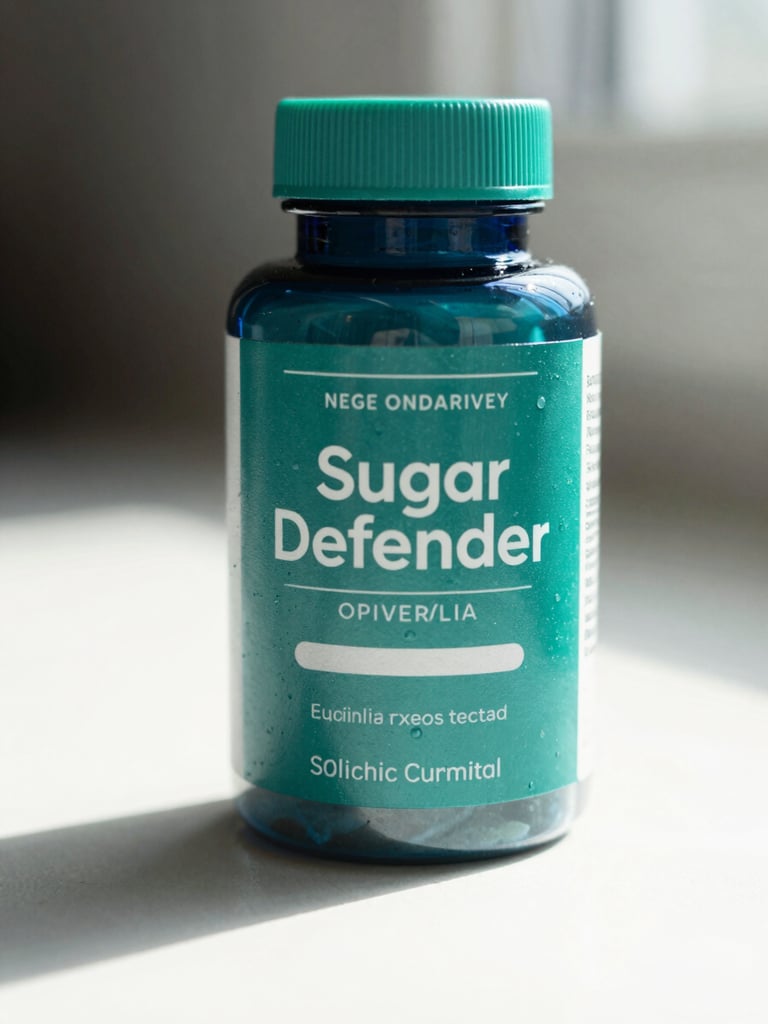 Close-up of a Sugar Defender supplement bottle standing upright on a clean white surface, shot in bright indirect daylight from a low angle, label facing forward, teal-green tones in background, sharp product detail, no props