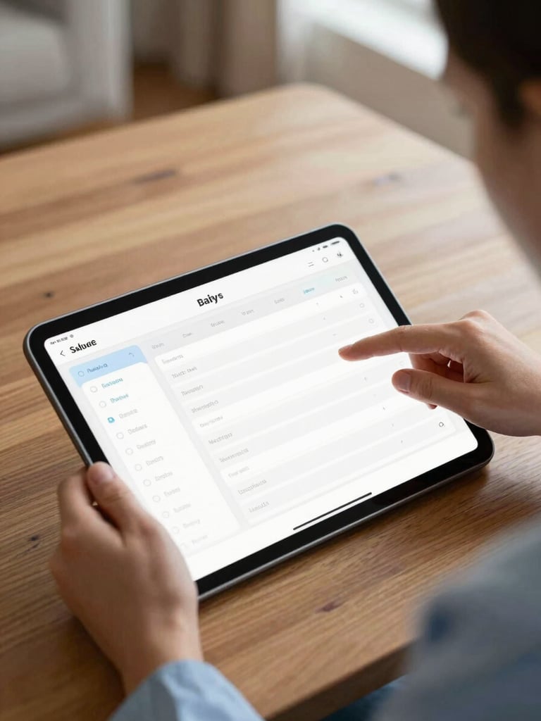 Close overhead shot of a care-home staff member's hands navigating a clean SaaS dashboard on a tablet resting on a wooden table, resident daily-log interface visible on screen, soft diffuse light from a nearby window, warm tones of the care-home environment visible in the blurred background