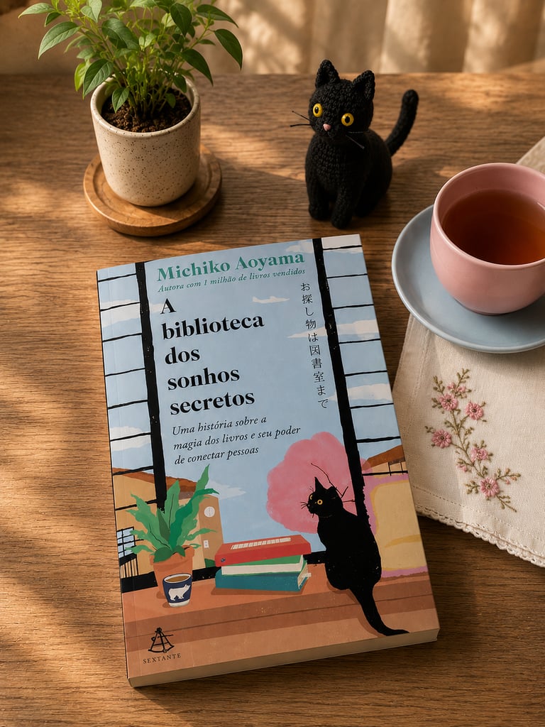 A Biblioteca dos Sonhos Secretos book by Michiko Aoyama on a wooden table with a black cat figurine and tea.