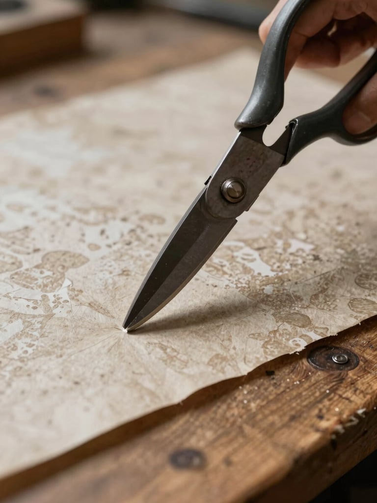 Macro shot of heavy metal fabric shears cutting precisely through a piece of natural textured pattern paper on a wooden workbench, soft diffused lighting.