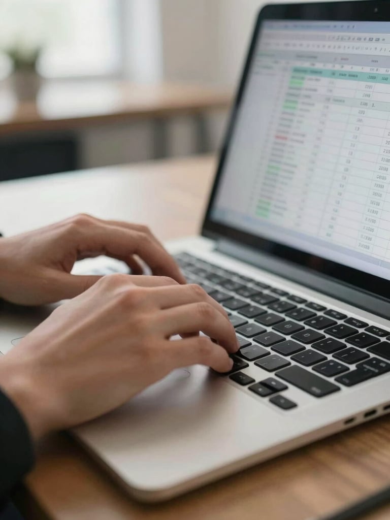 Close-up of hands resting on a laptop keyboard in a bright open-plan office, a spreadsheet with financial data visible on the screen, natural daylight from the left, shallow depth of field on the keyboard, no faces visible