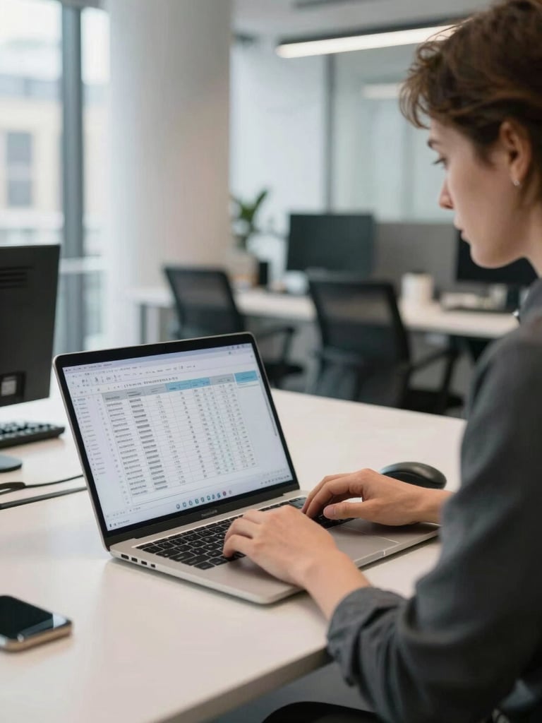 Wide environmental shot, a professional at a clean desk in a modern London office, laptop screen showing a spreadsheet in close foreground, natural daylight from left, person mid-task with focused attention, no eye contact, office context visible in soft background