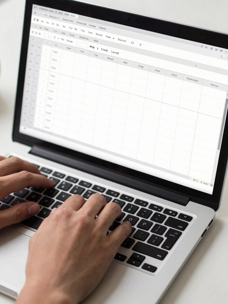 Close-up overhead of hands navigating a Microsoft Excel spreadsheet on a laptop keyboard, crisp studio lighting, clean desk surface visible at edges, no faces, focus entirely on the screen and hands in motion