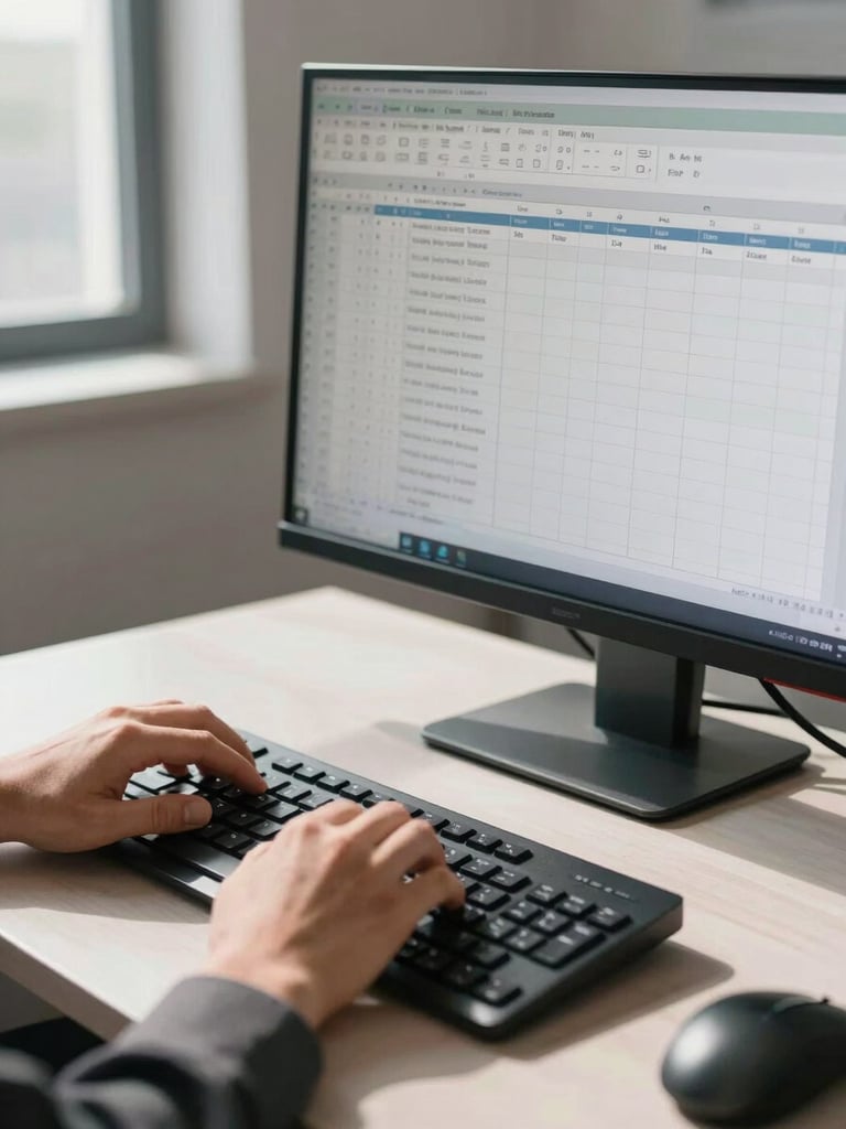 Wide office environment, close-up of hands navigating an Excel spreadsheet on a large monitor, daylight from side window casting clean shadows across the keyboard, no eye contact, competence implied by posture and screen content