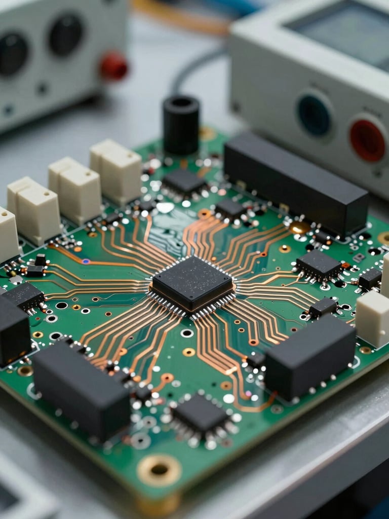 Close-up of industrial hybrid controller circuit board, clean-room assembly, high-contrast daylight, copper traces and solid-state relays visible