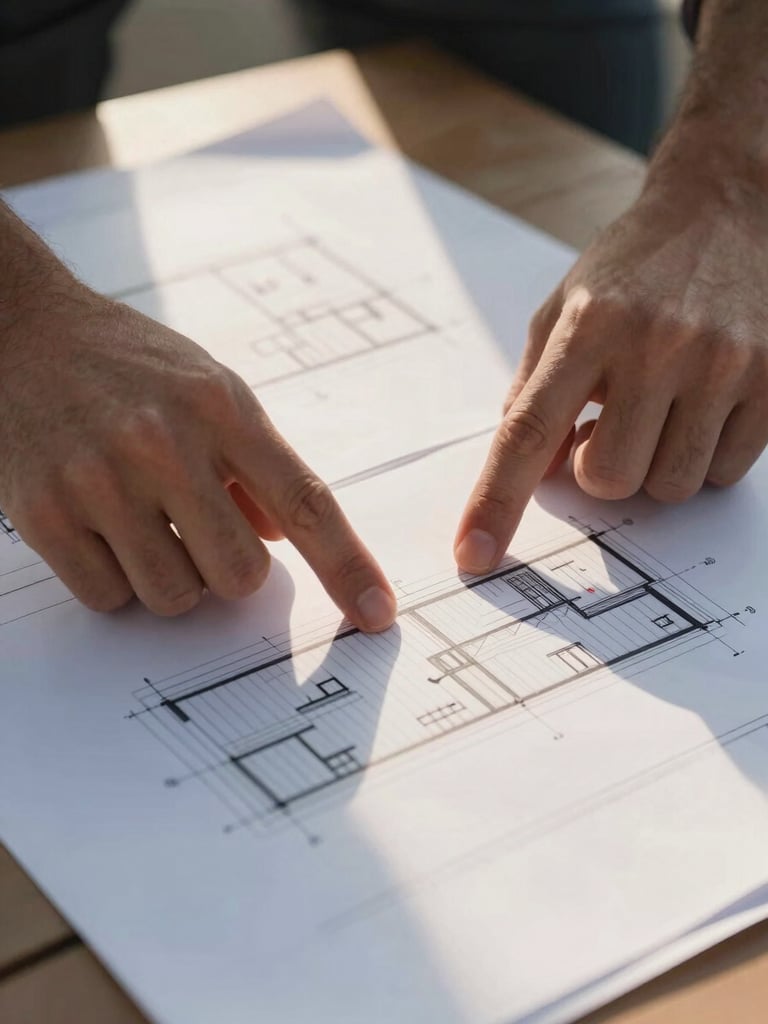 Architect reviewing elevation drawings spread across a site table in natural daylight, close-up of hands pointing to a section detail, no faces, warm afternoon light catching the paper edges